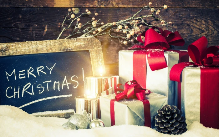 Happy New Year Merry Christmas 3 white and red gifts Holiday 2k