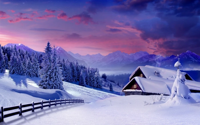 Winter Landscape Snowy Mountains Village Houses Covered With Snow Wooden Fence Forest Christmas Trees Hd Wallpapers 2k
