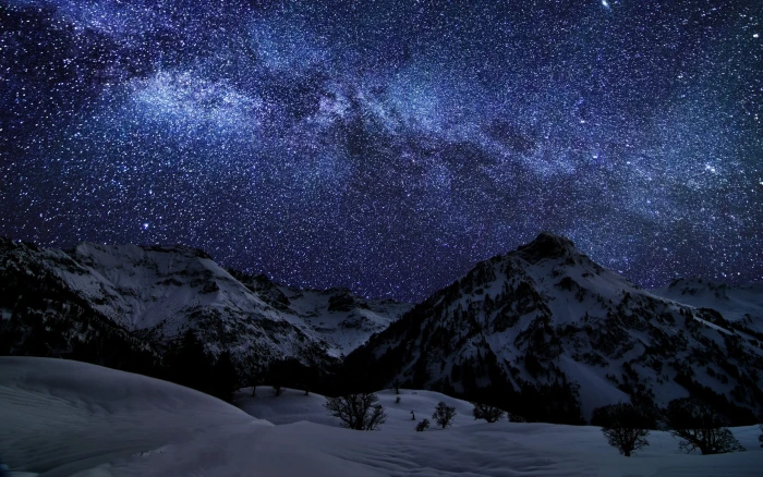 snow covered mountains under starry sky photography of mountain with snows 2k