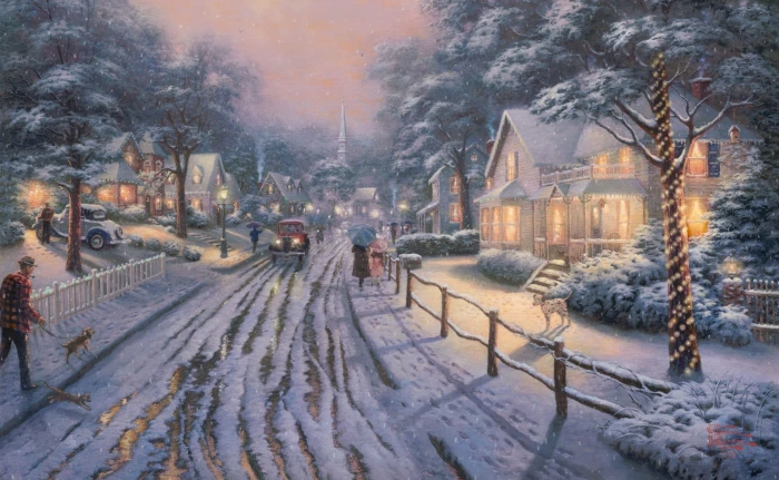 Hometown Christmas Memories by Thomas Kinkade snow covered house painting 2k
