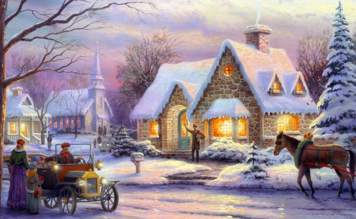 Memories Of Christmas by Thomas Kinkade person standing on front of house near horse and classic car digital wallpaper 2k