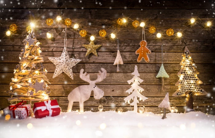 Christmas trees and string lights decor winter snow merry christmas 2k