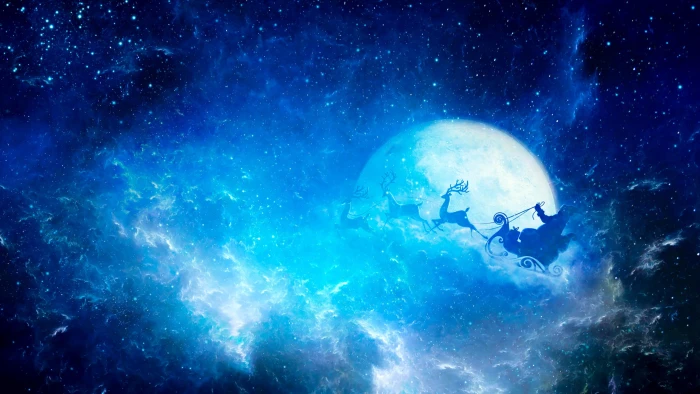 christmas santa claus sleigh night moon stars sky 2k