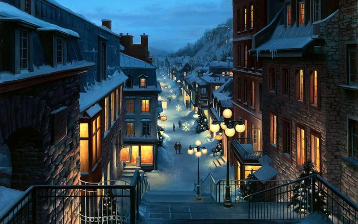 canada christmas city landscape lushpin night painting 2k