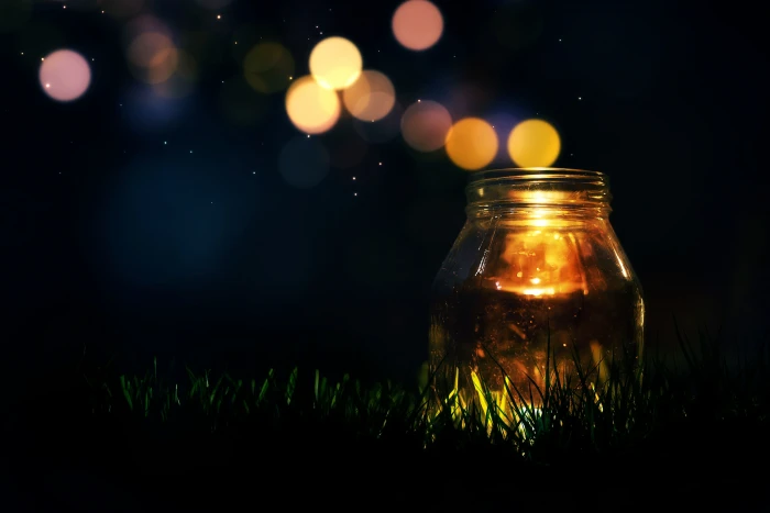 clear glass jar greens grass light background Wallpaper 2k
