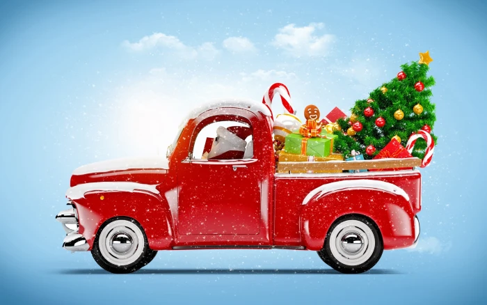 red pickup truck with gift boxes and Christmas tree illustration 2k