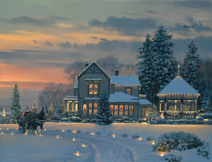 white and gray house illustration winter snow lights the plane 2k