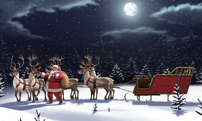 Holiday Christmas Moon Night Reindeer Santa Sleigh Snowfall