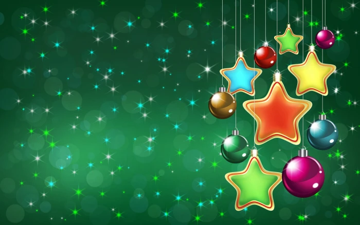 multicolored bauble and star wallpaper holiday New year green background
