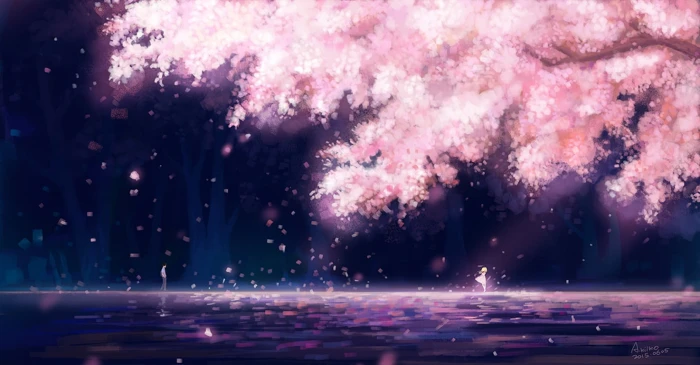 cherry blossom illustration anime girls trees Shigatsu wa Kimi no Uso 62