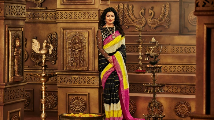 Actress Shriya Saran in Saree one person architecture looking at camera 2k