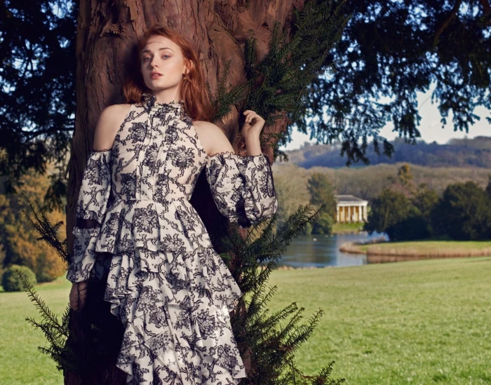 actress women redhead Sophie Turner looking at viewer trees