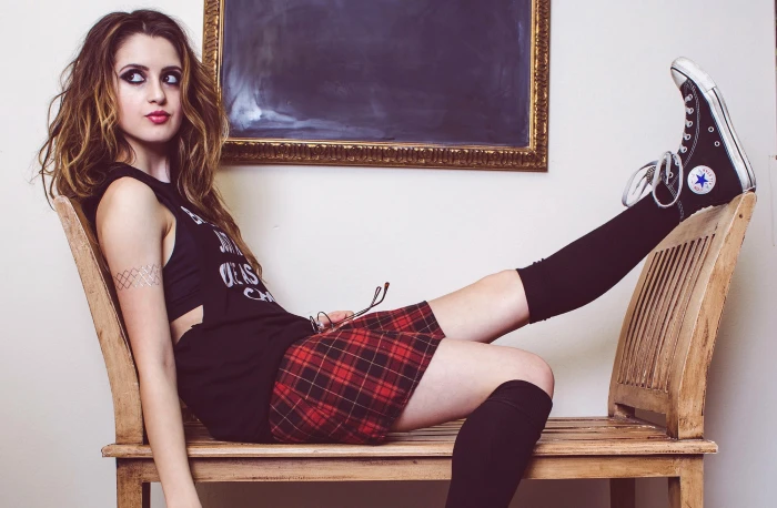 brunette women actress sneakers knee highs plaid shirt 2k