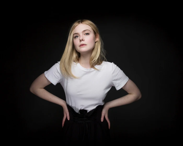 Elle Fanning women blonde simple background blue eyes actress 2k