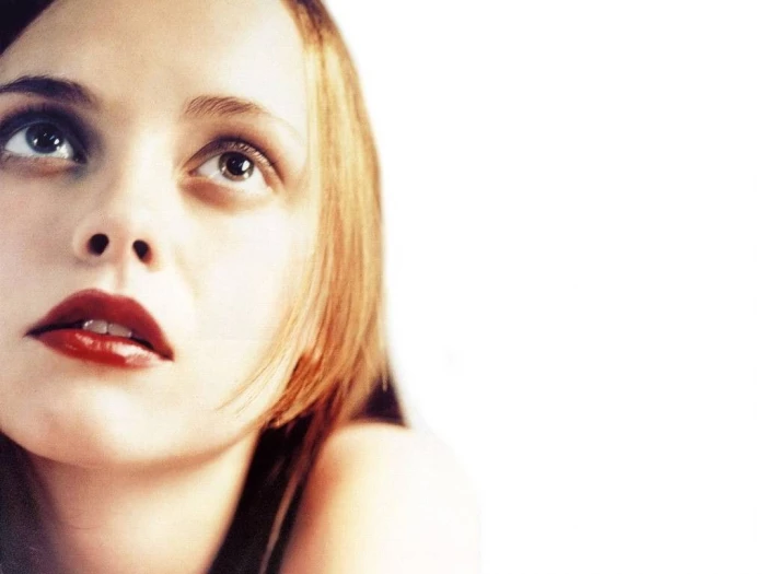 women face Christina Ricci actress red lipstick looking up