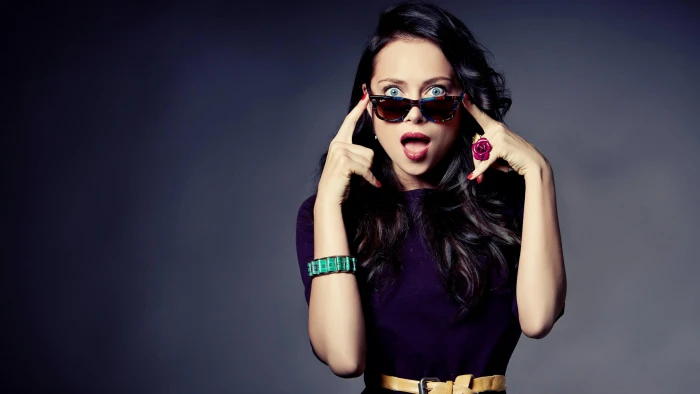 women's purple crew neck shirt sleeved top glasses Russian 2k