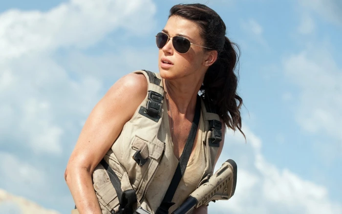Adrianne Palicki actress sunglasses rifles sweat women outdoors