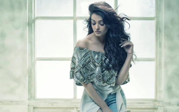 Aishwarya Filmfare women's blue and grey off shoulder dress