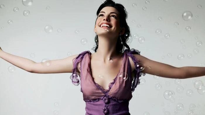 Anne Hathaway smiling bubbles dress actress women celebrity