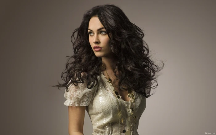 brunette Megan Fox actress necklace long hair simple background