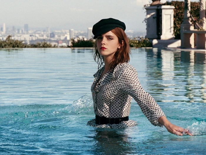 Emma Watson actress brunette women hat swimming pool water 2k