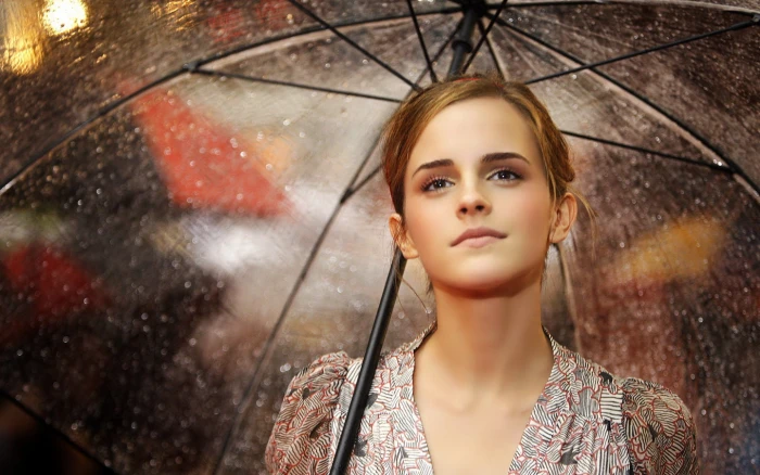 Emma Watson brunette umbrella actress rain celebrity women