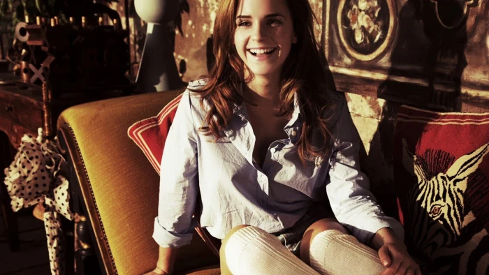 Emma Watson laughing women long hair actress celebrity white shirt