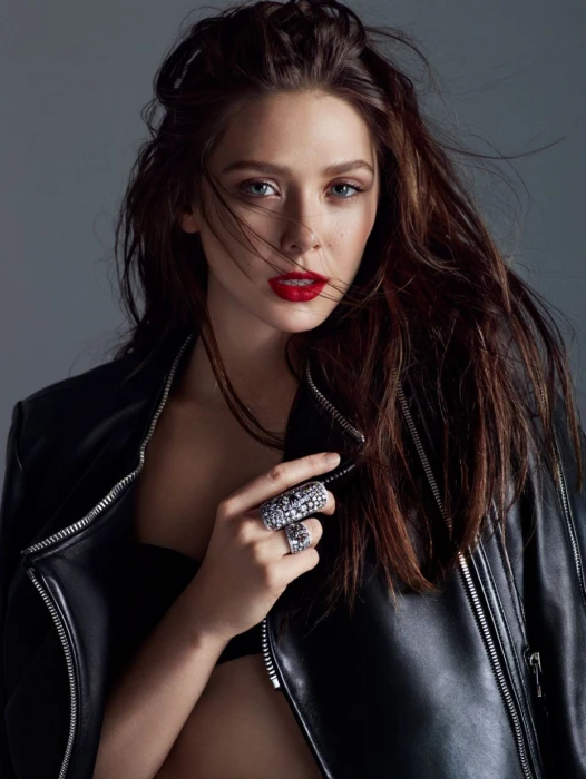 Elizabeth Olsen actress women leather jackets red lipstick 93