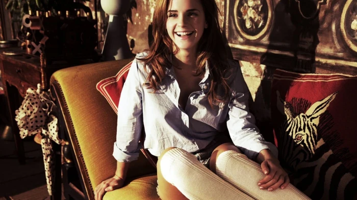 Emma Watson smiling actress women long hair couch socks