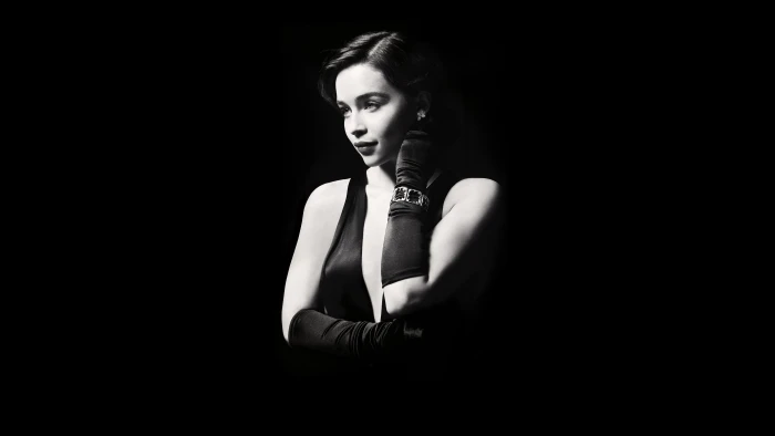 Emilia Clarke Black White gray scale photo of a woman in black tank top dress 2k