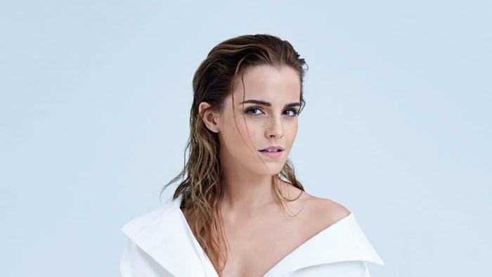 Emma Watson women wet hair looking at viewer simple background