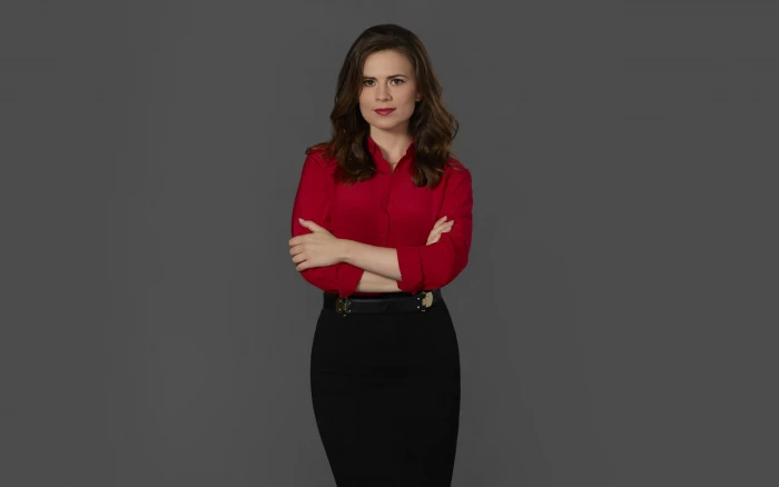 Hayley Atwell brunette actress skirt gray background arms crossed 2k