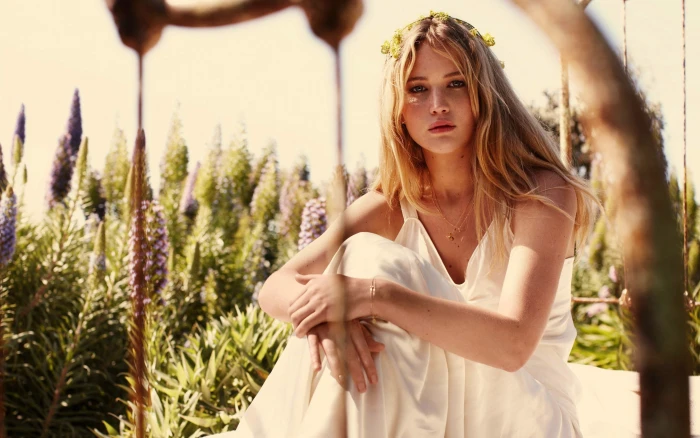 Jennifer Lawrence actress flower in hair white dress blonde 2k