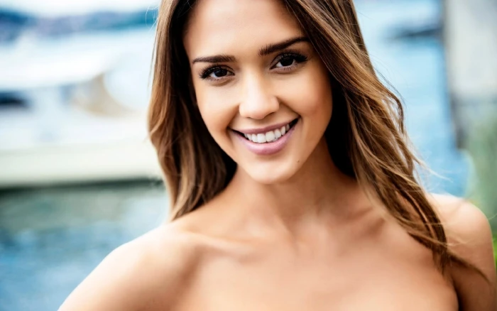 Jessica Alba women actress smiling brunette bare shoulders
