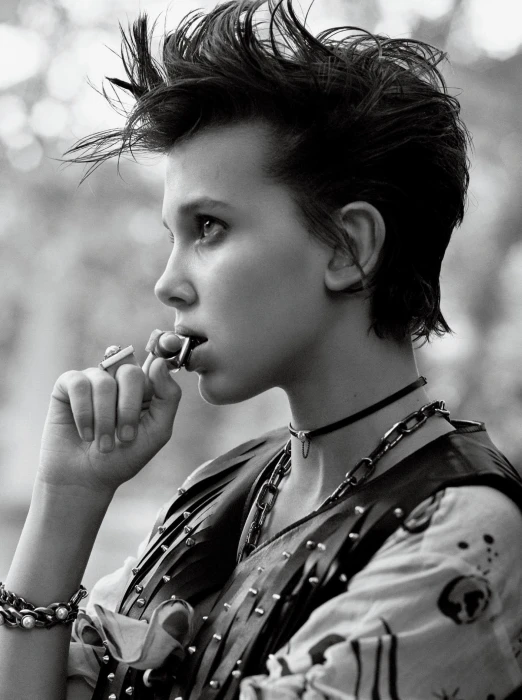 monochrome Millie Bobby Brown profile actress dark hair