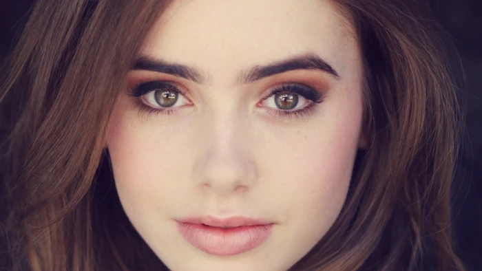 Lily Collins face brunette women closeup actress blue eyes