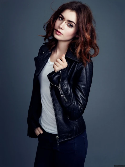 Lily Collins portrait women leather jackets hair in face