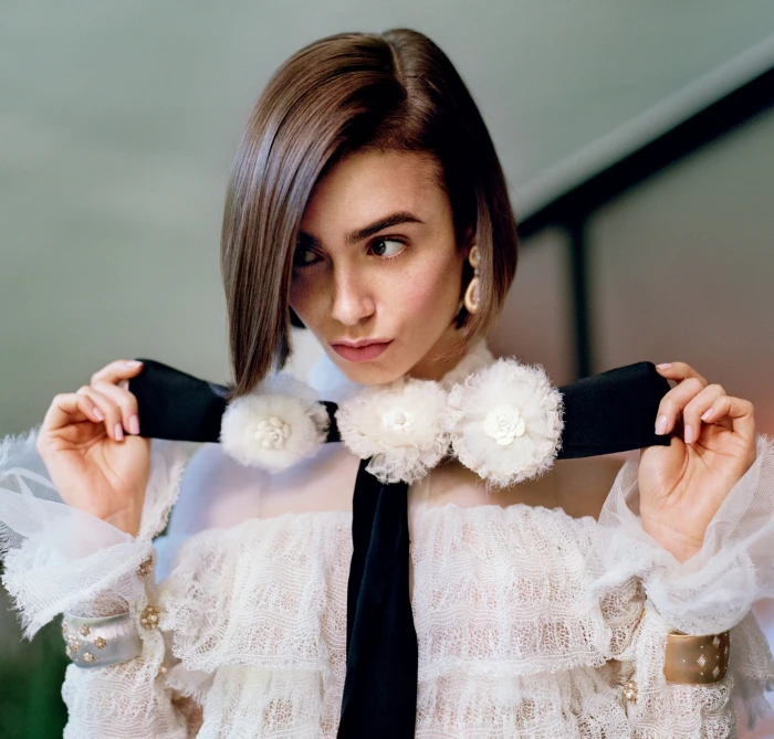 Lily Collins women actress white dress brunette short hair 2k
