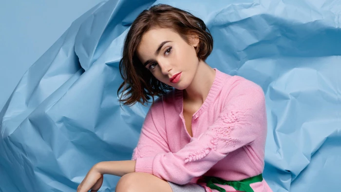 Lily Collins women brunette actress celebrity red lipstick 2k