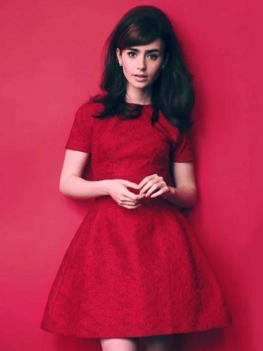 Lily Collins women upscaled actress red dress brunette