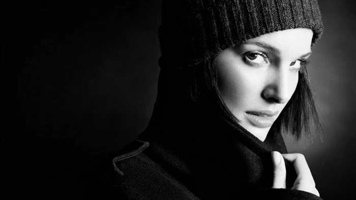 Natalie Portman monochrome actress black coat portrait