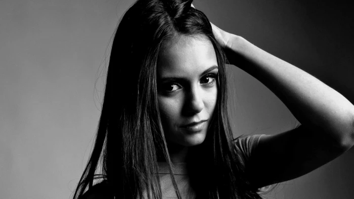 Nina Dobrev brunette monochrome women actress face portrait
