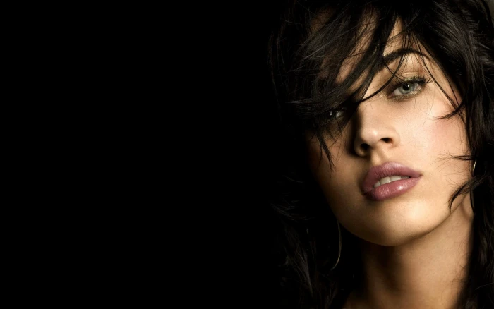 Megan Fox women actress brunette hair in face blue eyes