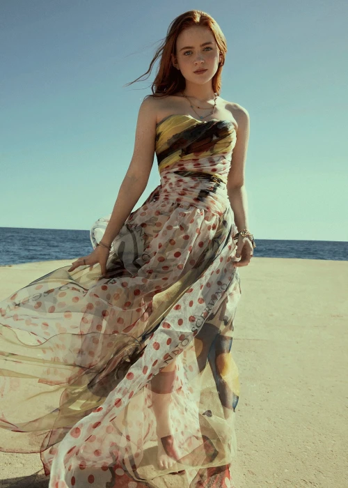 Sadie Sink women actress looking at viewer redhead see through dress