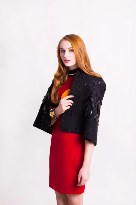 Sophie Turner redhead actress blue eyes simple background
