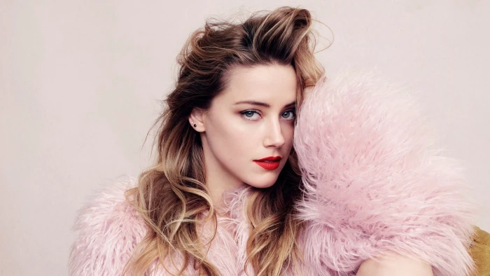 women Amber Heard actress long hair simple background looking at viewer
