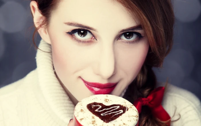 women brunette face sweater dark eyes confections smiling