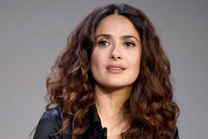 women's black collared top salma hayek actress brunette face 2k