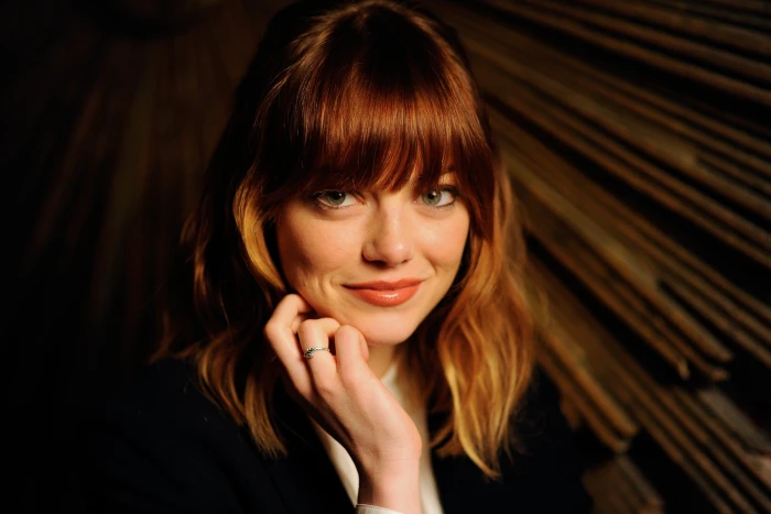 women's black crew neck shirt Emma Stone actress redhead portrait 2k