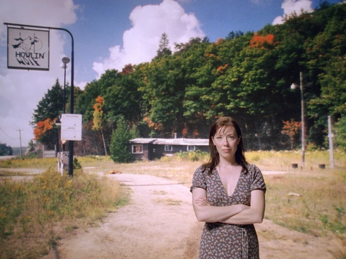 women's gray and black plunging neckline cap sleeved dress Molly Parker